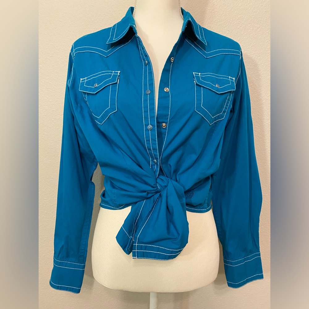 Ariat Long Sleeve Western Shirt Aqua Blue-Green w White Stitching Size L